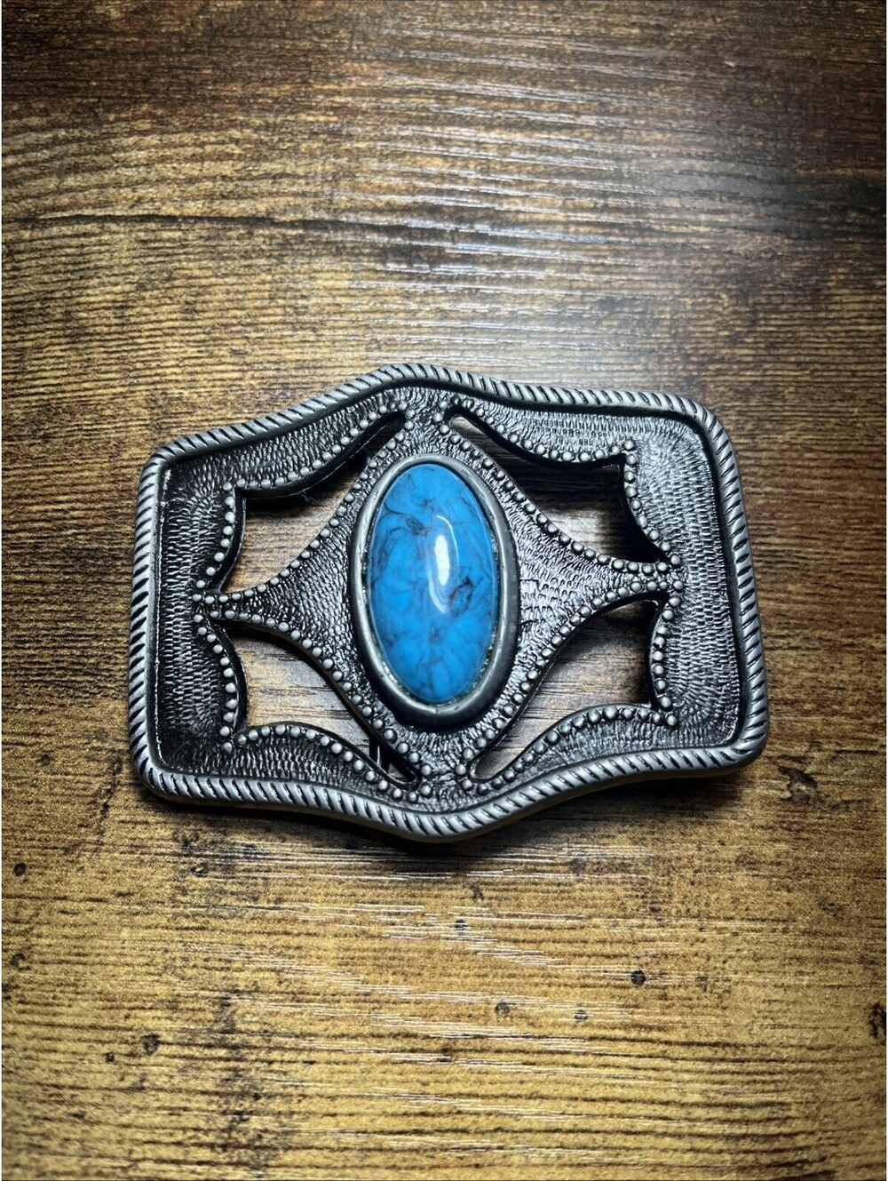 Western Rectangular Belt Buckle Black Metal Blue Oval Stone Accent 1.5in